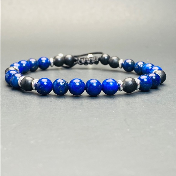 Men Lapis and Onyx Beaded Adjustable Bracelet - Picture 2 of 4